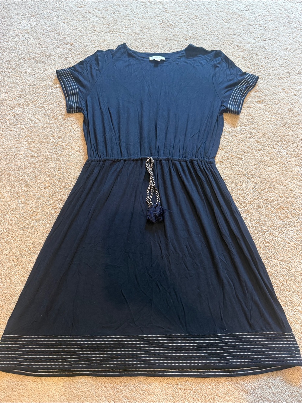 LOFT Navy Short Sleeve Tie-Waist Girls Dress with Hem Trim